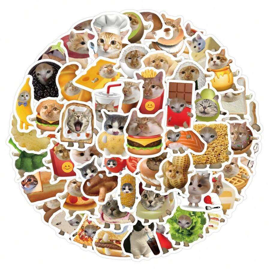 100张趣味食物猫涂鸦贴纸,美观装饰水瓶、安全帽、行李箱、自行车、滑板等。 - 彩色 - 查看 1