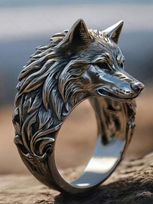حلقة ديكور برأس حيوان ذئب ذو طراز رجعي عصري مميز، مناسبة للرجل للارتداء اليومي، هدية رائعة لعيد ميلاد الحبيب