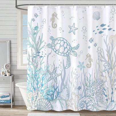 Nautical Coastal Turtle Shower Curtains Cortinas De Baño Coral Starfish Seashell Ocean Themed Waterproof Bathroom Curtains Shower With Hooks 36x72inch, 48x72inch, 60x72inch, 66x72inch Room Decor Apartment Essentials Christmas Holiday Decoration