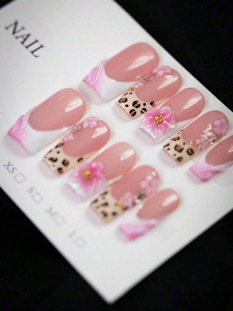 Valentine's Day10pcs - Y2K Style Leopard Print Pink Flower Press On Nails, Pink Flower Gold Bead Square Nails - Leopard Print Design, Pink Gradient, Sparkling Embellishment Nails - Essential Nail Art Autumn And Winter, Suitable Daily, Party, And Outdoor Use - Best Ladies And Women - Nhiều màu - Xem 1