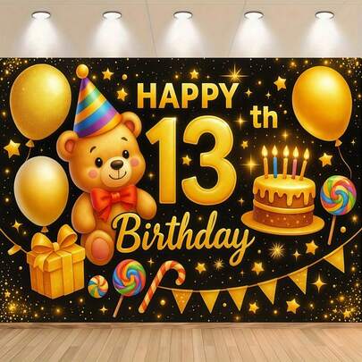2D平面设计，单件式“13岁生日快乐”横幅，包含数字13、泰迪熊、气球和蛋糕剪影——是13岁生日主题派对的完美之选。大型2D数字13装饰牌，可用作派对背景、入口装饰、派对布置、主题派对、拍照背景、家庭聚会、礼品包装，是活动策划者的必备之选。