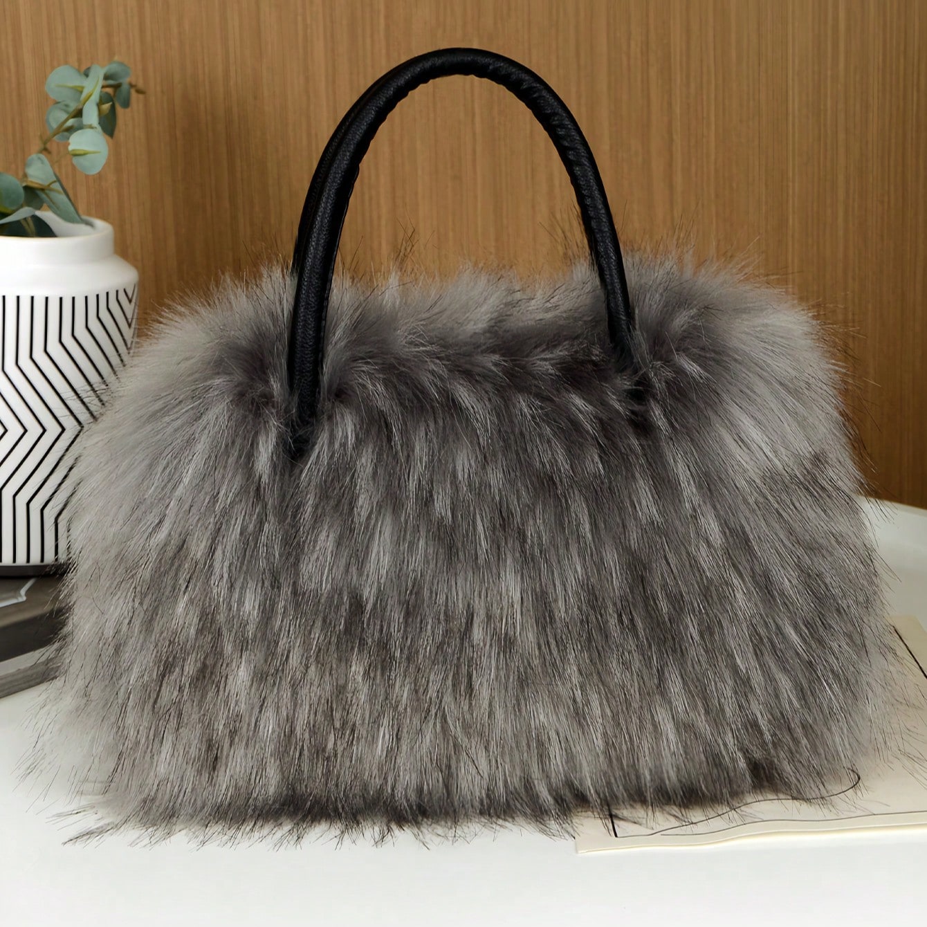 ✨ Plush Tote Bag With Metal Chain & PU Leather Strap – 3-Way Convertible Shoulder Bag For Women In Grey, White,Black & Brown Soft Fuzzy Purse For College, Work & Weekend