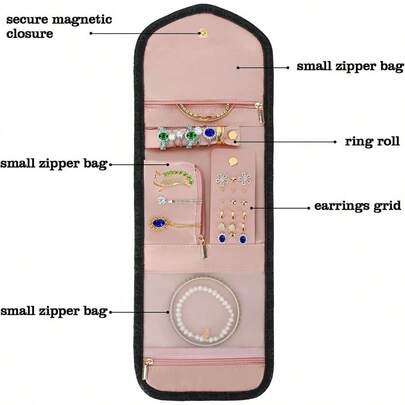 Cotton Travel Jewelry Organizer Case, Foldable Small Jewelry Roll For Journey Ring, Pendant, Earring, Necklace, ...