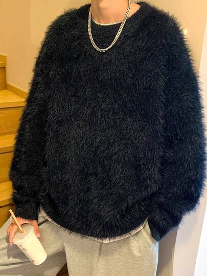 超大款落肩马海毛混纺套头毛衣