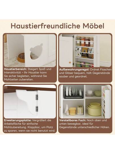 Kitchen Isl Trolley Sideboard Drawers Extendable Worktop, Spice Rack, Pet Feeding Area out Cat Bowl), Wit Walnut, 120*(40+30)*90 Cm view 7