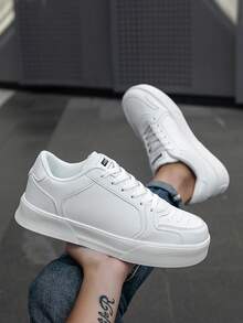 男士极简纯白拼接字母低帮系带运动鞋，户外休闲百搭日常通勤舒适休闲鞋 - 白色 - 查看 7