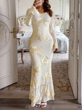 Unadoll 秋冬新款性感修身优雅女装气质花朵长裙辣妈教师节礼物户外生日派对宴会晚会中长款时尚气质通勤连衣裙礼物。