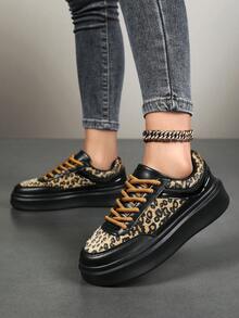 最新豹纹印花厚底圆头系带休闲软底轻便运动鞋，时尚潮流女式厚底鞋