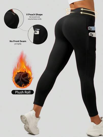 1pc Thermal Lined Warm Yoga Pants For Autumn/Winter, With 4 Pockets, Non-Embarrassing Front Panel Design, Double-Layer Waist For Shaping, Black Base Layer Leggings