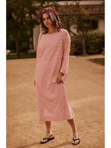 Locker geschnittenes, gestreiftes langes Kleid für Frauen in Übergröße, langärmliges Haus-Schlafkleid, lockeres Strandkleid, Damenbekleidung