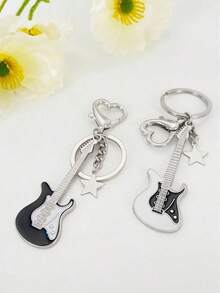2pcs/Set Punk Hip-Hop Y2k Style Sexy Heart Star Guitar Pendant Keychain, Unisex Couple Backpack Hanging Decoration Accessories For Music Festival, Valentine'S Day Gift Valentines - 黑與白 - 查看 5