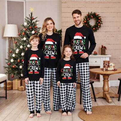 Christmas Pajama Set Letter Print Tops Plaid Pants Family Matching Christmas Pajamas Sleepwear Loungewear Holiday PJs