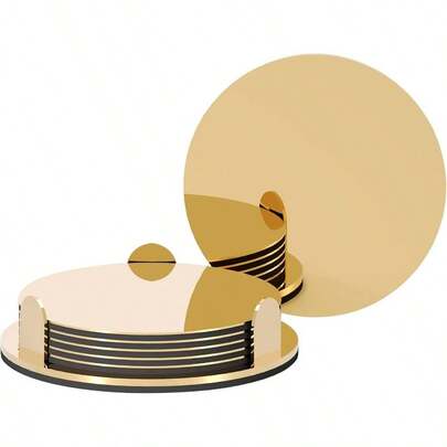 Gold Stainless Steel Coasters With Holder, Modern Mirror Drink Coaster Set Of 6, Unique Round Cup Coasters With Non - Slip EVA Base, Housewarming Dcor Coffee Bar And Dining Table