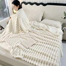 1pc Thick, Oversized Tufted Faux Rabbit Fur Fleece Blanket, Cream White Color, Soft & Plush, Anti-Static, Dual-Sided Warmth, Versatile For Indoor & Outdoor Use - Office Nap, Sofa, Travel, Air Conditioning, All-Season - White - View 7