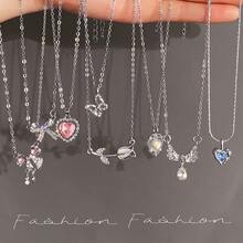 8件套女士新款蝴蝶爱心时尚吊坠项链套装，日常佩戴 - 銀色 - 查看 5