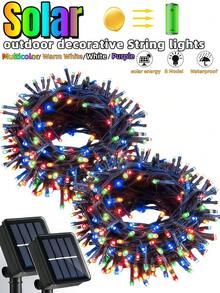 1 pieza Luces de cadena solares, 20/50/100/200 LED Luces de Navidad, Luces de hadas inteligentes con 8 modos - Luces impermeables para exteriores para árbol, patio, jardín, boda, festival, Navidad, Año Nuevo, balcón, cerca (Blanco frío, Blanco cálido, Morado, Multicolor)