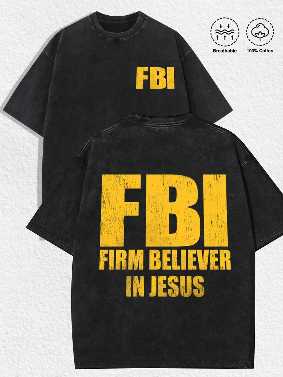 1 PCS "Retro Religious 'F*B*I - Firm Believer In Jesus' Typographic" Print, Vintage Distressed Aesthetics, Spring/Summer Men Women Clothes, Regular Fit T-Shirt, Christmas & Religious Events, Men's Women's Casual Everyday Top, They Are Excellent Gifts For Friends And Family, 100% Cotton Tees Feature, A Youthful And Fashionable Design, Graphic Tees Men, Graphic Tees Women, Urban Fashion, Street Style, Casual Hangouts, Religious Gatherings, Daily Leisure - 黑色 - 查看 1