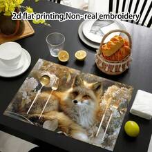 4 Piece Nordic Style Beige And Brown Table Mat Set - 12x18 Inch Fabric Rectangular Cushion With Golden Fox And Hydrangea Design, Single-Sided Printing, Suitable For Dining Table, Kitchen, Christmas Decoration - Machine Washable Beige Table Decoration, 2D Flat Print Modern Nordic Table Arrangement, Elegant Fox And Hydrangea Pattern, Durable Material For Daily Use Or Activities, 2D Flat - 4 Items - View 3