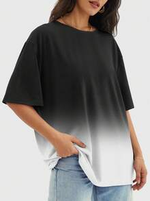 Speed mate 女士渐变色圆领短袖T恤，休闲宽松版型上衣，春夏款 - 黑色 - 查看 2