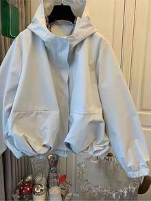 时尚女士春秋季连帽拉链防风外套，高端风格，2025新款欧洲系列 - 冷灰白色 - 查看 3