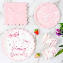 Pink Bow Disposable Plate, Napkin, Cup Set, Plates, Napkins And Cups Party Supplies, Serves 8 Guests, Disposable Paper Plates Party Tableware Suitable For Birthday, Wedding, Theme Party, Family Picnic - Multicolor - View 4