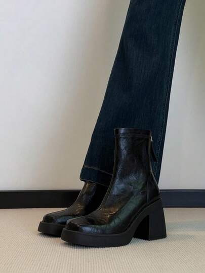 Autumn/Winter Slimming Lace-Up Mary Jane Short Boots For Women, Vintage Flat Elastic Slim Fit Back Zipper