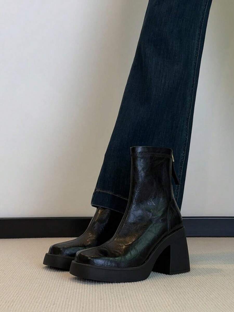 秋冬修身系带玛丽珍短靴女款，复古扁平弹力修身后拉链 - 黑色 - 查看 1