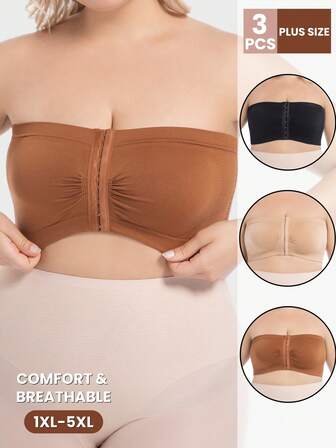 3pcs/Pack Plus Size Women Seamless Comfortable Front Closure Wireless Padless Camisole Bras, Casual Fashion Hollow Back Tight-Fitting Well-Supported Wireless Bras