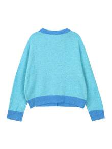 ii Áo len cardigan dệt kim tay dài cổ tròn trễ vai màu tương phản thường ngày dành cho nữ, mùa thu/đông - Màu xanh lam - Xem 6