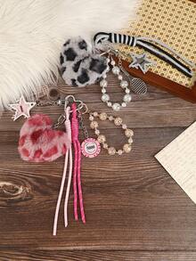 1pc Purple Black Silver Artificial Leather Pentagonal Star Shape Keychain Set Bag Pendant- Cute & Edgy Multi-Element Keychains With Beaded Bracelet, Butterfly, Tennis Racket,Phone Strap - Stylish Accessories For Women To Decorate Keys & Bags - 玫紅色 - 查看 7