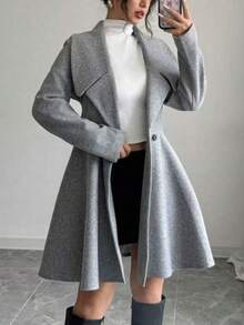 女士优雅双排扣长袖纯色羊毛大衣，带大翻领 - 灰色 - 查看 6