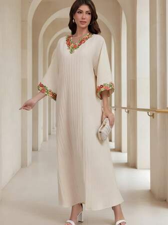 OENY | 优雅女士雪纺V领长连衣裙，半袖，饰有贴花，休闲修身款式，适合女性