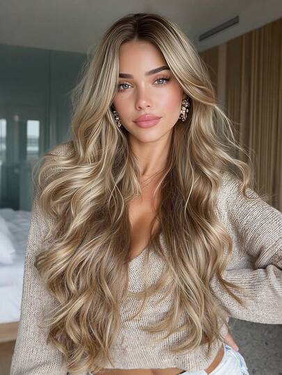 28 Inch Long Body Wave Ombre Brown Synthetic Wig Middle Part Light Blonde Long Curly Wig For Women Daily Paty Cosplay Wigs, Natural And Realistic False Hairpiece For Halloween And Christmas New Year Carnival Music Festival Cosplay ,Gifts For Girls,Summer Graduation Gifts,Ready-Made Gifts,Halloween Christmas Gifts