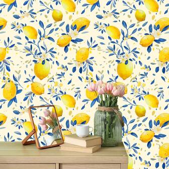 1 Rollo de papel tapiz autoadhesivo con diseño de limón fresco, papel de contacto impermeable y removible, patrón de frutas adecuado para sala de estar, dormitorio, pared de fondo, muebles, gabinete, estantería, cocina, comedor, decoración, regalo de decoración navideña, personalizable DIY