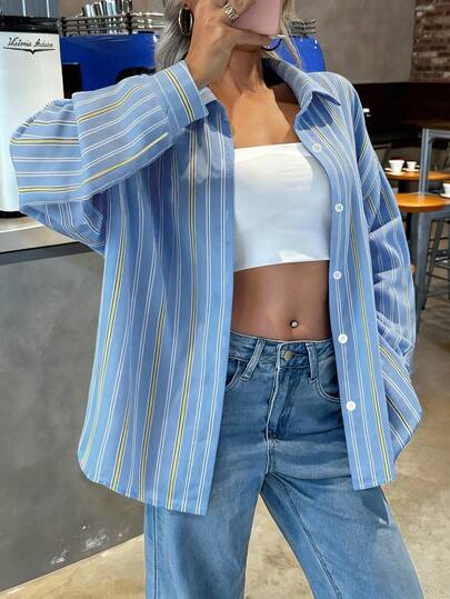 Women's Fashion Long Sleeve Drop Shoulder Button Front Polyester Striped Shirt Blouse, Casual Loose Fit, Shirt Collar Design, With Pocket Detail
