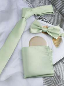 ZLQ&GOU 3pcs Sage Green Satin Necktie Set For Men, Includes Necktie, Handkerchief, Bow Tie, Business/Formal Neckwear - Mint Green - View 8