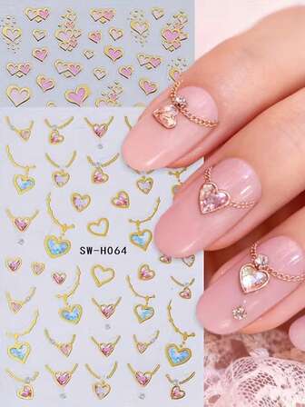 ملصقات أظافر لعيد الحب، ملصقات أظافر بشكل قلب، ملصقات أظافر ذاتية اللصق بنمط سلسلة قلوب حلوة، ملصقات أظافر بقلادة قلب مطرزة بالذهب وقلادة أحجار كريمة، منتجات زينة أظافر DIY جذابة لعيد الحب للسيدات، ورق لاصق، تصميم حلو، ملصقات أظافر رومانسية
