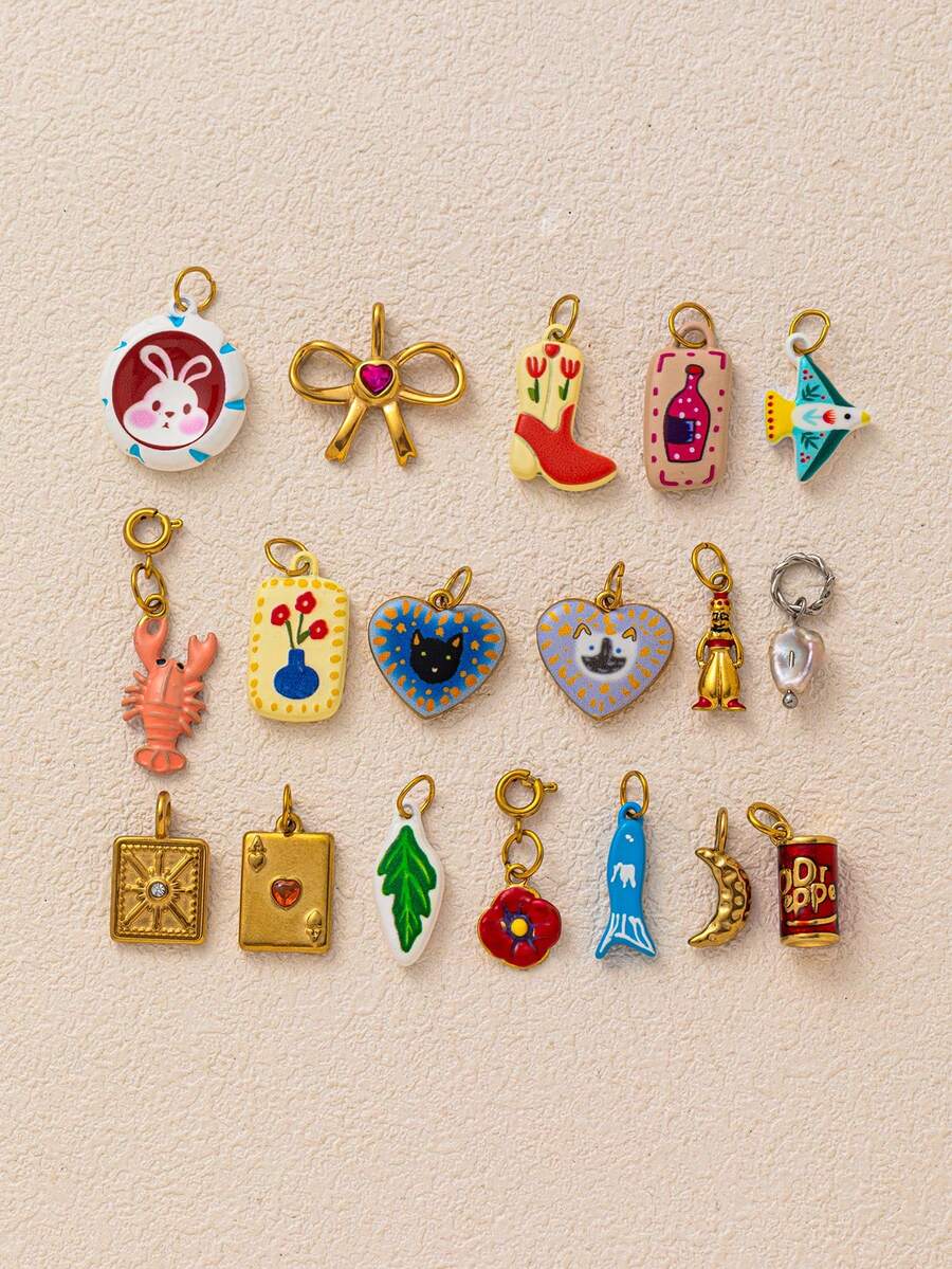 1 szt. Modny, uroczy wisiorek z królikiem, kotem, ptakiem, motylem, kwiatem, krewetką, ze stali nierdzewnej platerowanej 18-karatowym złotem, odpowiedni do biżuterii DIY, naszyjnika, bransoletki, kolczyka, breloka, akcesoriów do torebek, biżuterii damskiej, akcesoriów do portfela, małej zawieszki, akcesoriów DIY ze stali nierdzewnej - Wielokolorowe - Zobacz 1