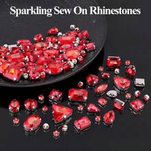120/240pcs Red Sew-On Rhinestones, Mixed Shapes Flat Bottom Glass Rhinestones With Metal Base, Suitable For Handmade, Large Gem Decor For Clothing, Shoes, Hats, Bags And Sewing Accessories