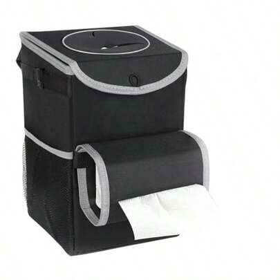Car Trash Can With Lid 3.5 Gallon LeakProof Automotive Garbage Bin With Removable Liner Adjustable Tissue Holder And Storage Pockets Large Capacity Foldable Car Trash Container Black