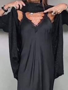 elegante Quasten-Saum Zweiteiler Vintage Langarm-Pullover passende Spitzen-Halterkleid-Sets Mode Pendler Damen lockere Sets - 02 Aprikose - Übersicht 2