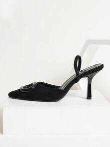 女士极简尖头金属扣装饰细高跟凉鞋，时尚性感露趾派对高跟鞋，适合夏季户外活动、派对、婚礼、情人节等场合。 - 黑色 - 查看 7