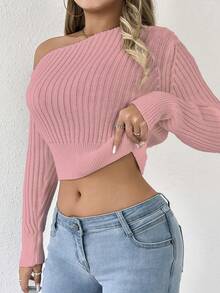 Maglione lavorato a maglia sexy e casual con spalle scoperte, adatto per primavera/autunno/inverno - Rosa - Visualizzare 6