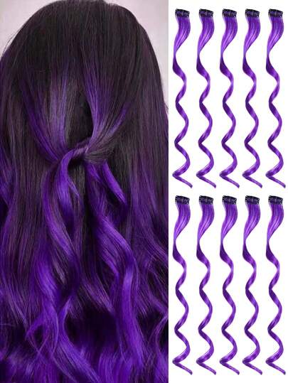 10pcs Set Purple ,Pink, Red, Sky Blue Clip In Synthetic Hair Extension Long Curl Heat-Resistant Hair Piece For Women Girls , Cosplay Party Holiday