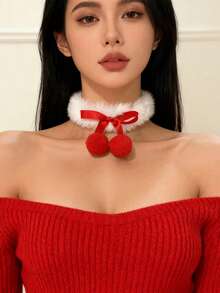 1件圣诞优雅人造毛皮蝴蝶结颈链，带绒球，女士款 - 紅色 - 查看 2