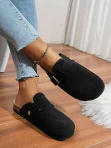 Women's Black Fashionable Thick Sole Casual Slip-On Flat Sandals, Round Toe With Square Buckle, Suitable For Everyday Wear And Birkenstocks - Black - View 14