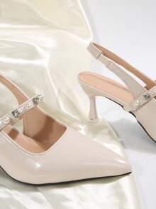 Zapatos de tacón alto de punta para mujer, para primavera/otoño, de nueva llegada, con tacones finos, de moda francesa, versátiles, cómodos zapatos de tacón con decoración de perlas adecuados para ir al trabajo, citas, viajes - Beis - Ver 5