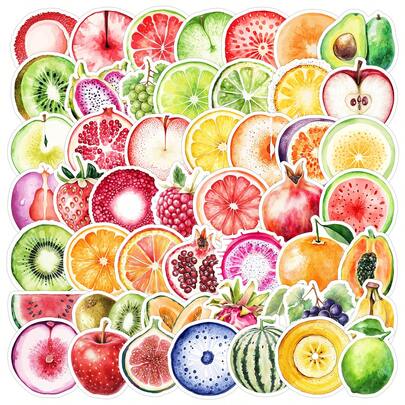 50Pcs Cartoon Watercolor Stickers Fruit Stickers Vegetable Stickers Food Stickers Party Favor Stickers Fruit Decor Vinyl Waterproof Stickers For Water Bottle,Computer,Laptop,Phone,Luggage,Notebook,Fridge
