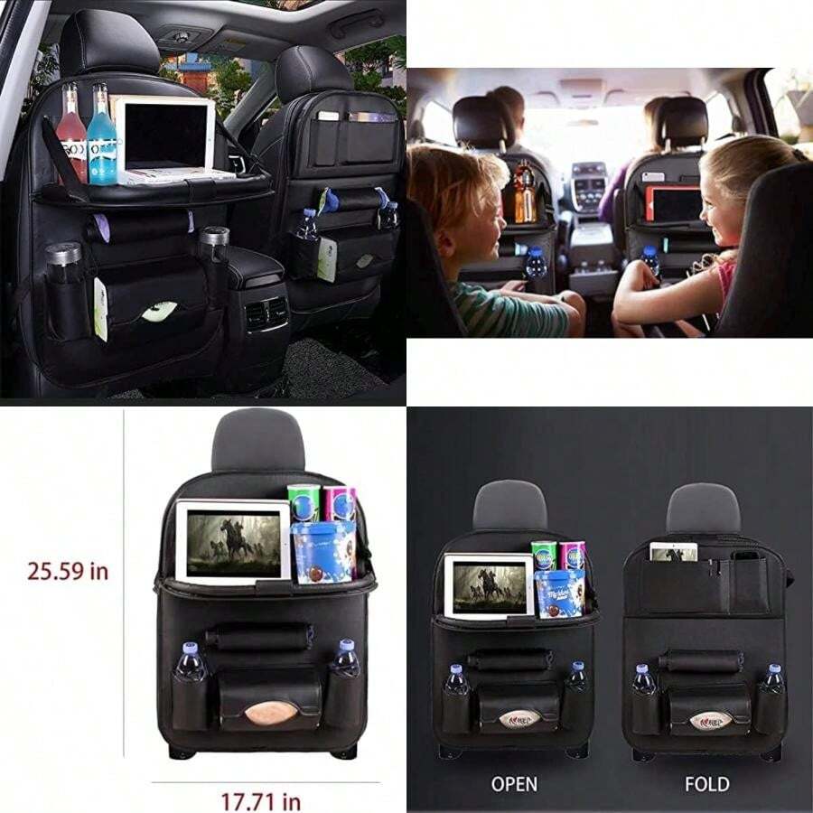 Organizador de Asiento Trasero de Coche, 1 Paquete con Soporte para Tableta, Mesa de Comedor Plegable con Soporte para Tableta, Accesorios de Viaje, Organizador de Cuero ()(Negro) - Multicolor - Ver 1