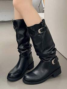 2025 Silver Metal Buckle Tall Slouch Boots, Round Toe Mid-Calf Riding Boots For Women - Black - View 4